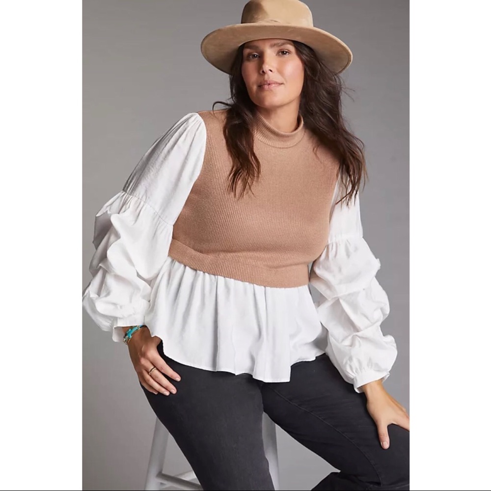 Anthropologie • Ruffled Layered Top tan sweater vest white puff sleeve blouse